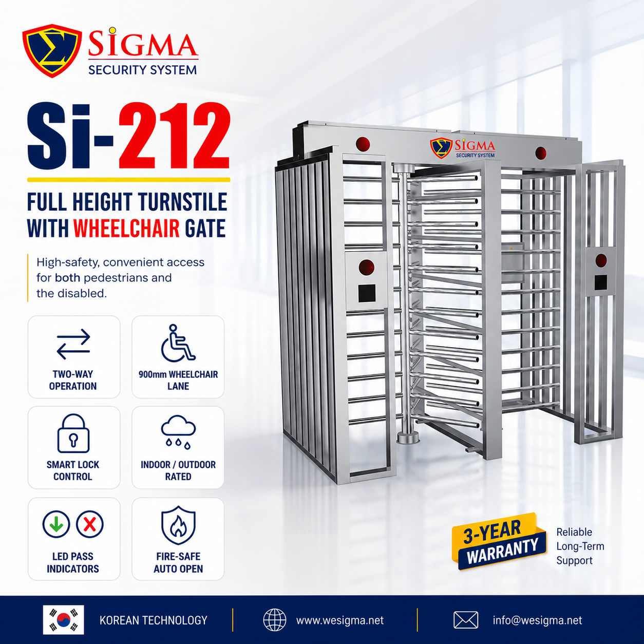 Sigma Si-212 Full Height Turnstile with Wheelchair Gate | 304 Stainless Steel Access Control System - Image 4