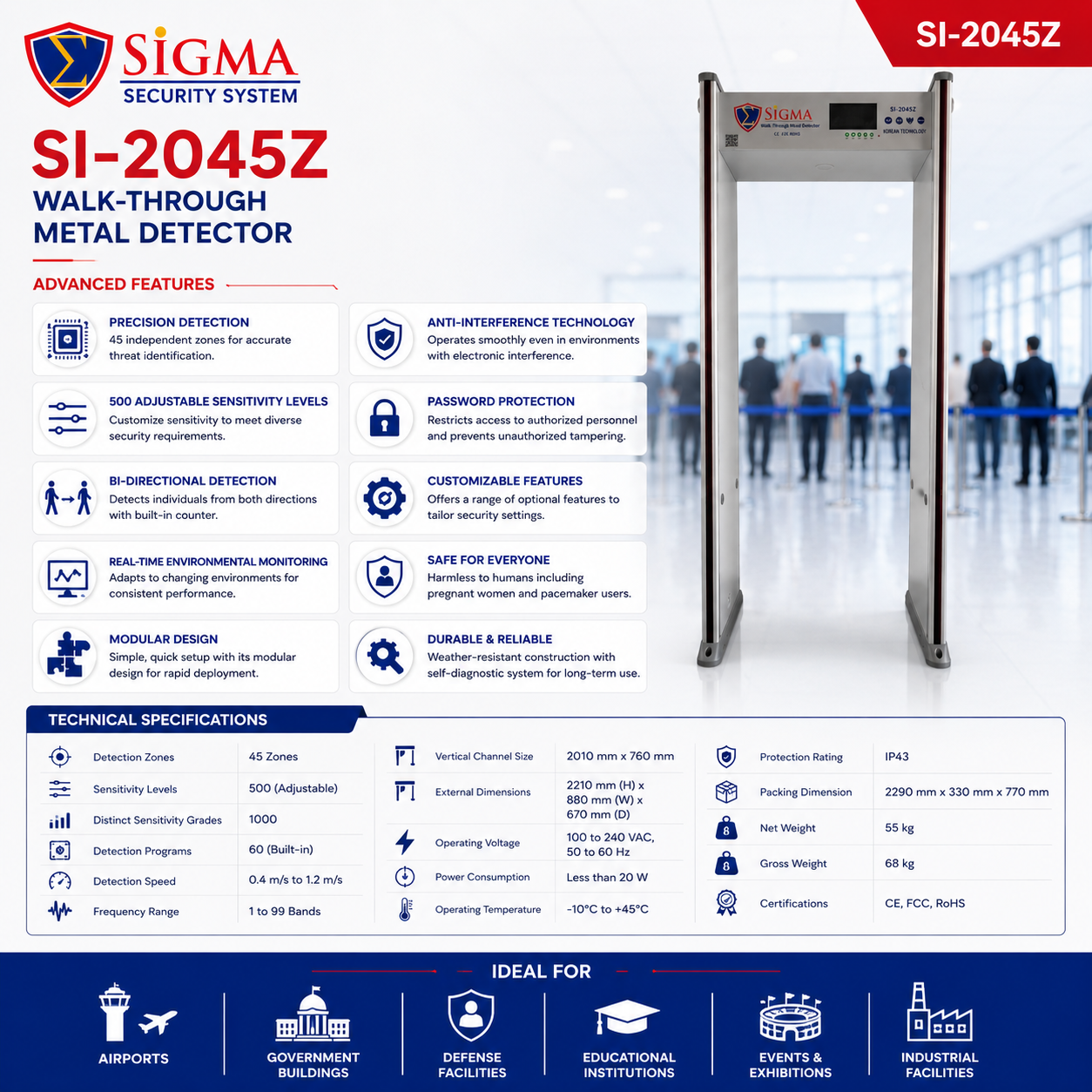 Sigma Si-2045Z 45 Zone Walk-Through Metal Detector | Advanced Security Screening System - Image 3